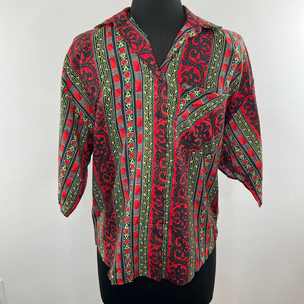 Vintage Hot Stuff Men's Red Green Abstract Baroque Button-Up Casual Shirt USA M